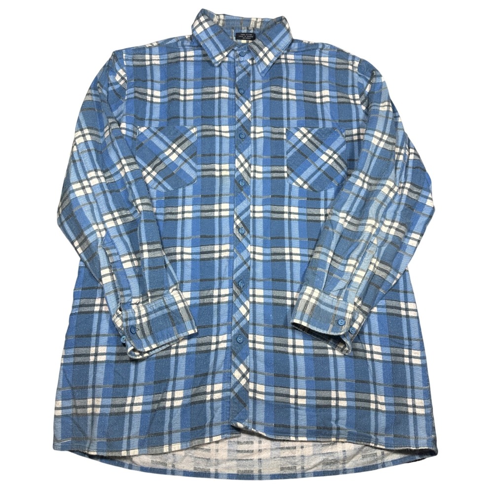 Big Yank Mens Large Blue Plaid Flannel Shirt Long Sleeve Cotton Button Up L